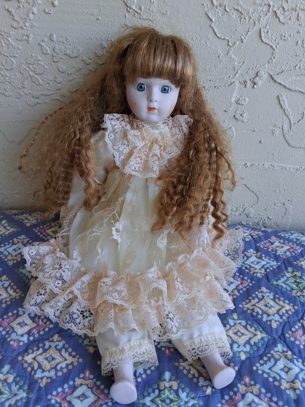 Vintage-Inspired Porcelain Doll in Cream Lace Dress